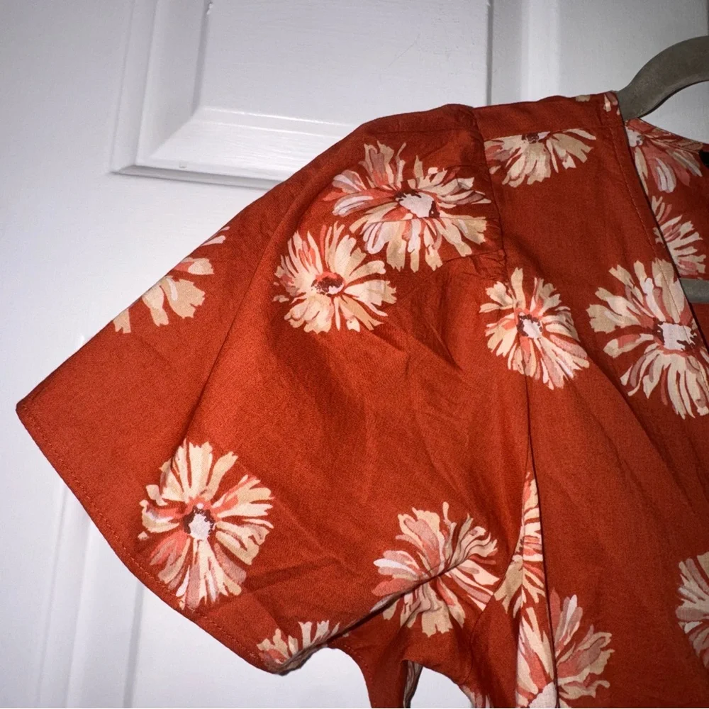Madewell Floral Print Wrap Cotton V-Neck Mini Dress Rusty Torch dark orange S - Picture 7 of 16